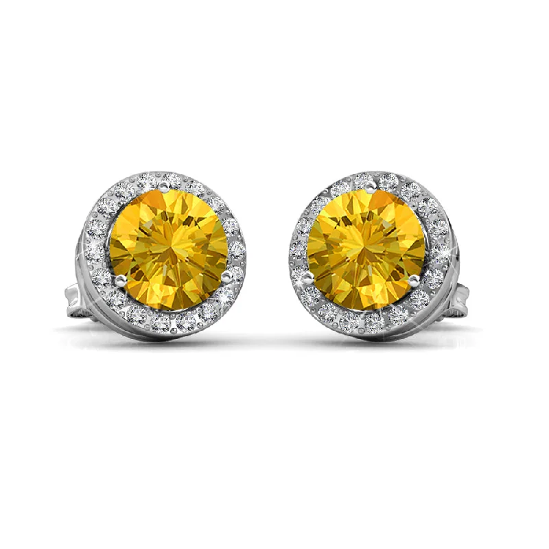 Etched design earrings-Royal 18k White Gold Plated November Birthstone Halo Earrings with Round Cut Citrine Swarovski Crystals