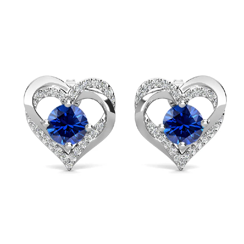 Mixed gemstone earrings-Forever September Birthstone 18k White Gold Plated Silver Double Heart Sapphire Earrings with Swarovski Crystals