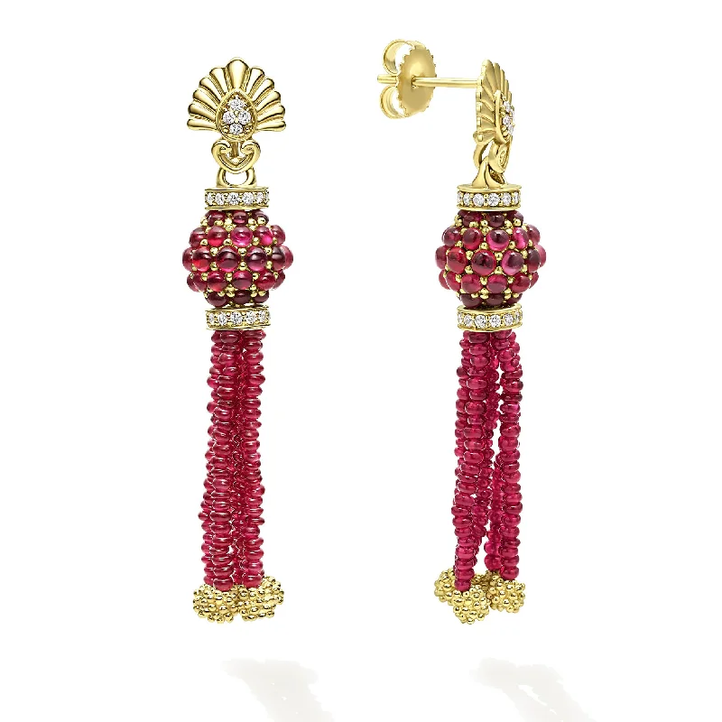 Zigzag pattern earrings-Studio 18K Gold Ruby and Diamond Tassel Drop Earrings