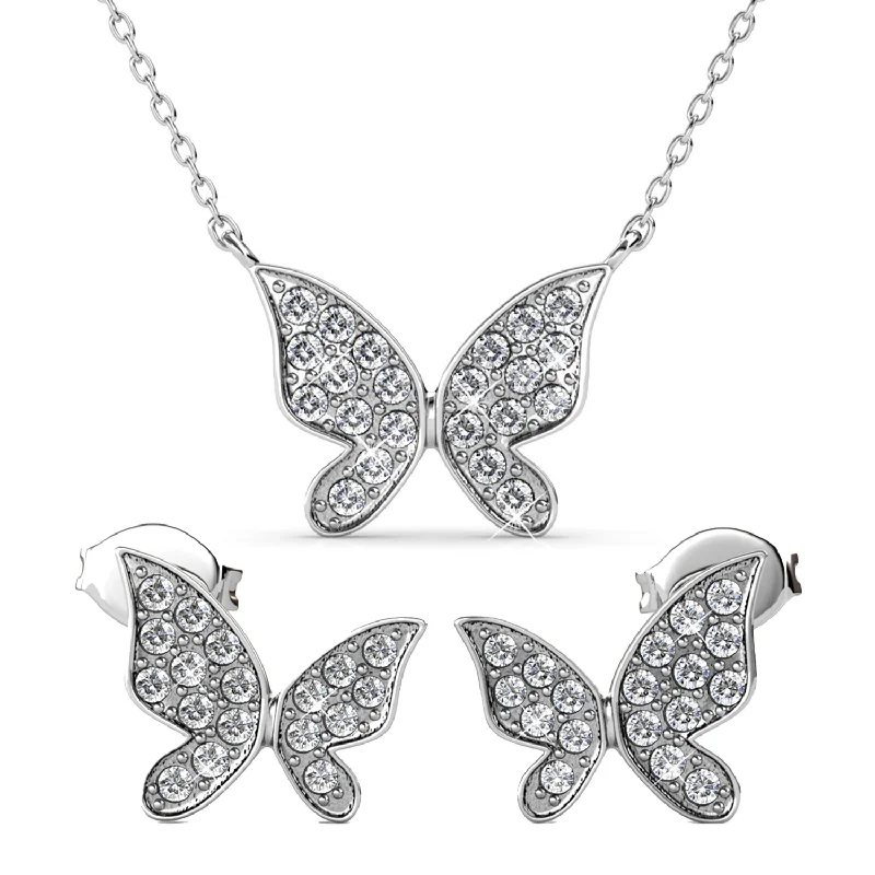 Bold pave earrings-Yuenen 18k White Gold Plated Silver Butterfly Necklace and Earring Set with Swarovski Crystals